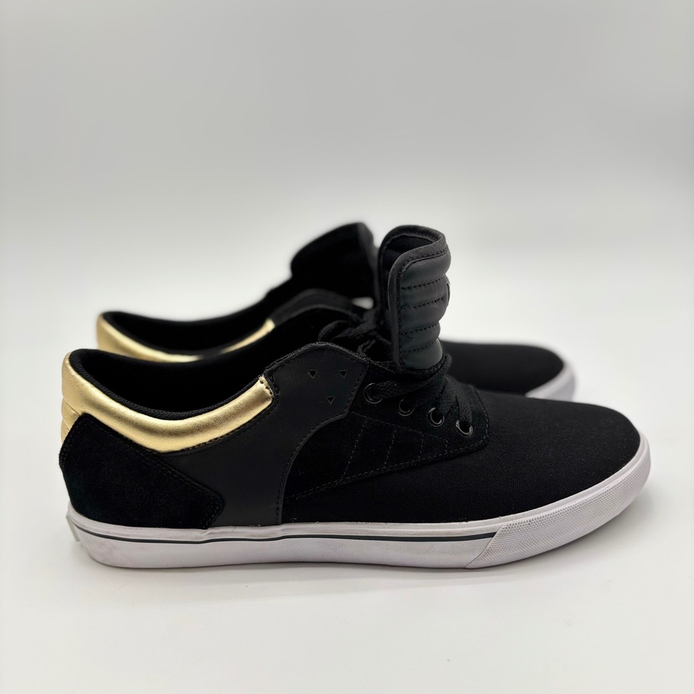 Supra Mens Low Top Skate Shoes Black Gold Suede Canvas Sneakers Size 13